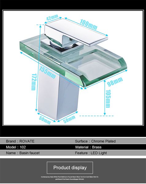 Free shipping LED basin faucet with brass waterfall design, color-changing temperature display, deck-mounted for bathroom sinks
