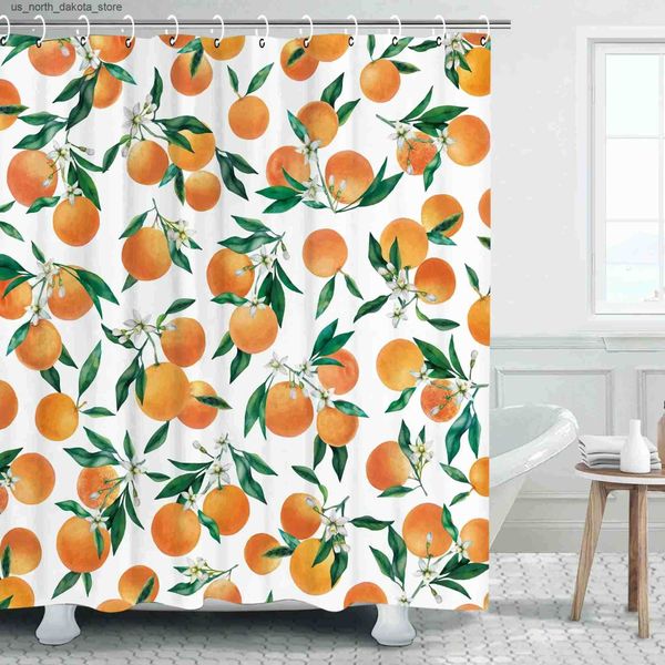 Fruit-patterned shower curtains featuring watercolor oranges, peaches, lemons, strawberries, and papayas for a vibrant, cute bathroom decor
