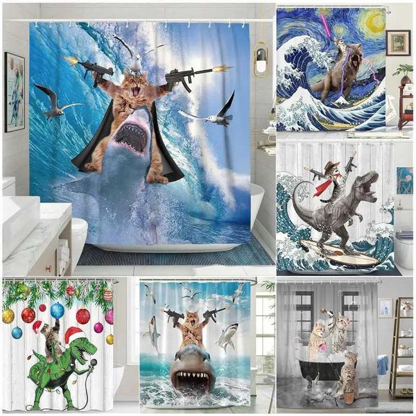 Fun and playful shower curtain featuring ocean waves, sharks, birds, and other sea creatures, perfect for kids' bathroom decor