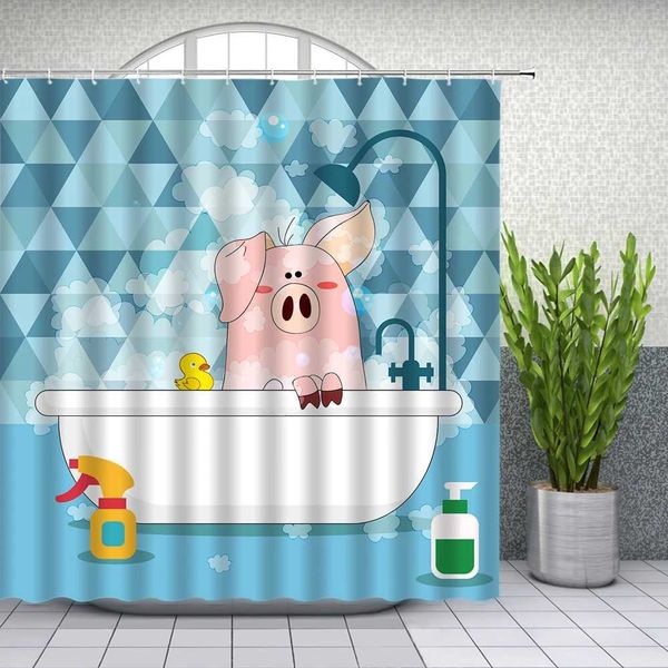 Fun cartoon animal shower curtain featuring alpacas, dinosaurs, and ducks for kids' bathroom decor with hooks