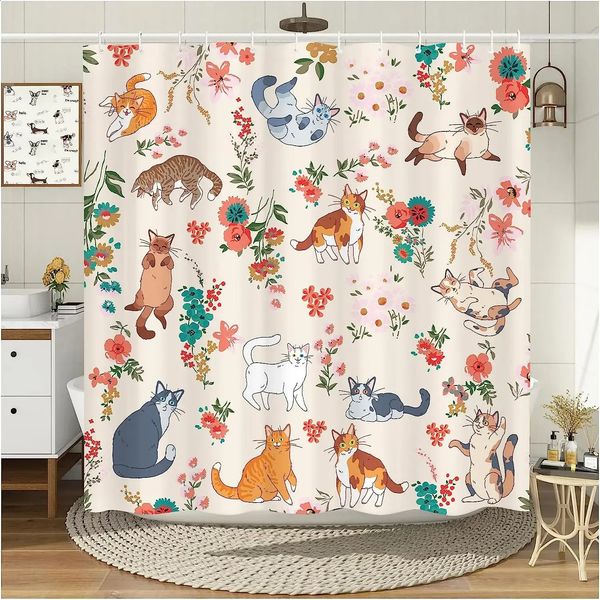 Funny and cute floral shower curtains featuring adorable cats, perfect for modern bathroom decor with waterproof polyester fabric and included hooks