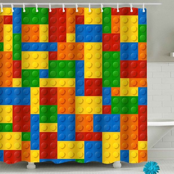 Funny building block shower curtain set with colorful waterproof polyester fabric for bathroom decor