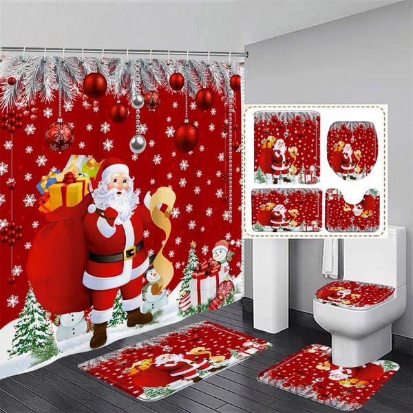 Funny Santa Claus shower curtain set featuring snowmen, Christmas trees, ornaments, snowflakes, and red holiday decor for bathrooms, including bath mats and toilet lid covers