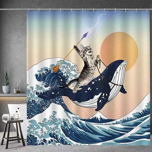 Funny shower curtain featuring a bold cat wielding a trident and arrow while riding a shark through ocean waves with a whale, perfect for bathroom decor