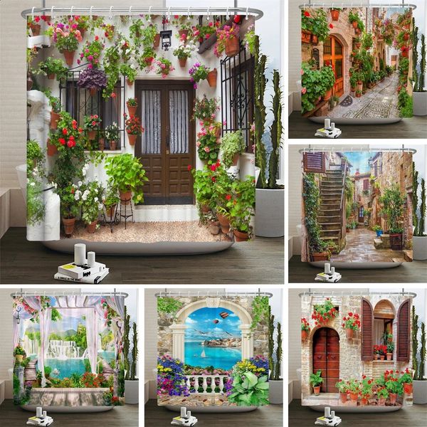 Garden-themed waterproof shower curtains for bathroom decor, washable fabric with landscape designs