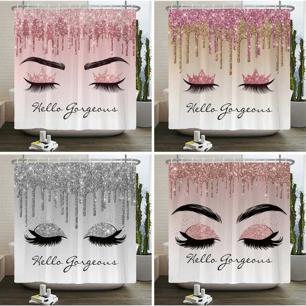 Girl's pink glittery shower curtain with silver eyelash design, waterproof polyester fabric, includes hooks for easy hanging