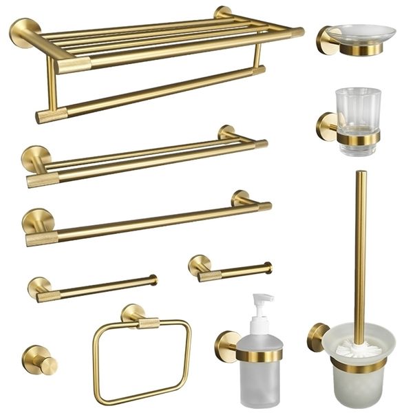 Gold Brushed Bathroom Hardware Set Including Towel Racks, Paper Holder, Robe Hooks, Soap Dish, Shelf, and Toilet Brush