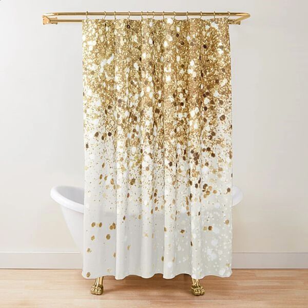 Gold Glitter Glam Shower Curtain with golden sparkle and shiny art design, made of washable polyester, includes hooks for bathroom use