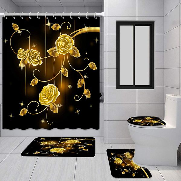 Gold Rose Black Bathroom Set Luxury Shower Curtain with Bath Mat Rug Carpet for Toilet Decor Accessories Shower Curtain Set 4pcs

Luxury gold rose black bathroom set includes 4-piece shower curtain with matching bath mat for elegant toilet decor