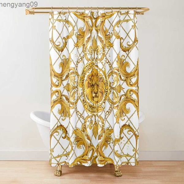 Golden Baroque shower curtain featuring symmetrical lion and damask motifs with elegant gold lace detailing for a luxurious bathroom