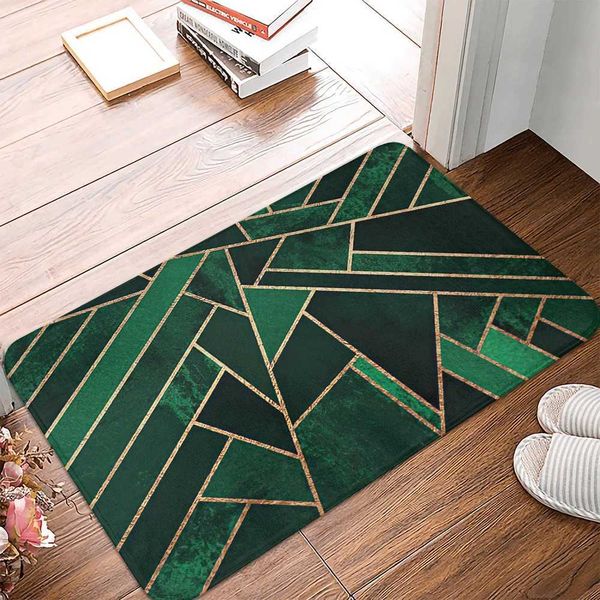 Green geometric patterned door mat for hallways, balconies, kitchens - affordable anti-slip modern rug suitable for living rooms, bathrooms, and marble floors