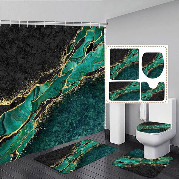 Green Marble Shower Curtain Set with Gold Line and Black Crackle Texture for Luxurious Bathroom Decor, Includes Non-Slip Rug and Toilet Cover