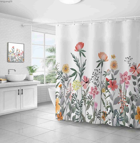 Green plant and flower waterproof shower curtain for stylish bathroom decor, washable fabric bath curtain R2308
