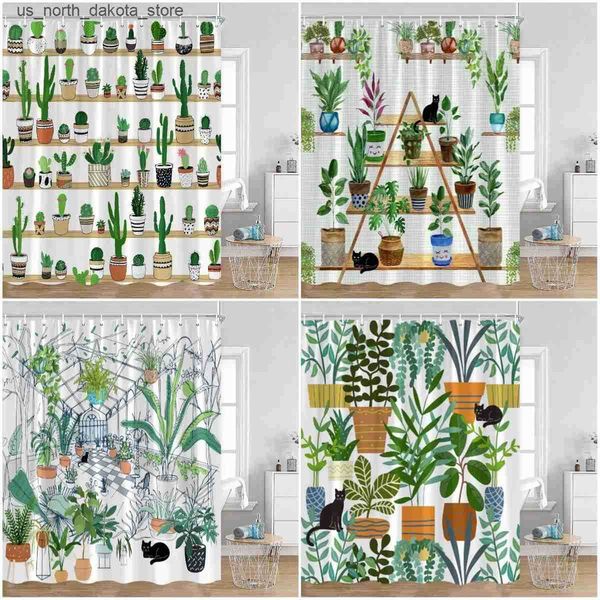 Green shower curtains featuring potted plant designs  
Cartoon cat-themed shower curtains  
Tropical leaf-patterned bathroom curtains  
Polyester fabric curtains for bathrooms