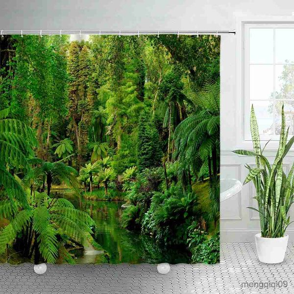 Green tropical jungle plant shower curtain set featuring Monstera leaves and nature scenery for bathroom decor