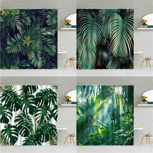 Green tropical Monstera palm leaf shower curtain for a spring plant-themed bathroom, made of waterproof fabric for stylish home decor