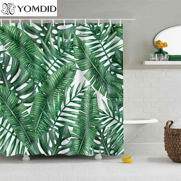 Green Tropical Plants Shower Curtain for Bathroom, Waterproof Polyester with 3D Leaf Print and 12 Hooks