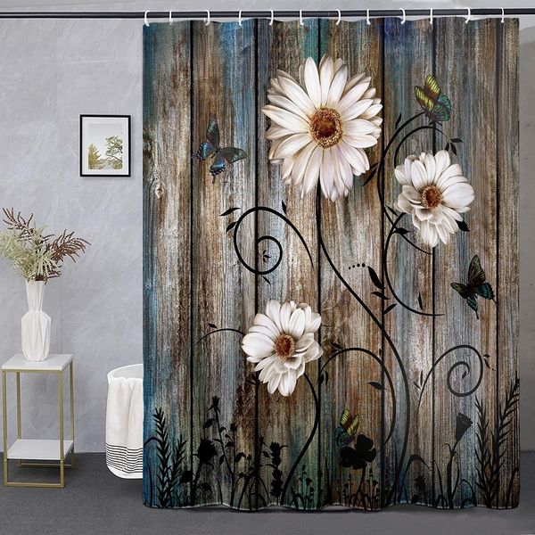 Grey floral country-style shower curtain set with butterfly and daisy design, includes hooks for bathroom use