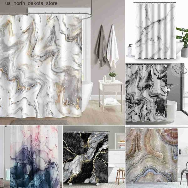 Grey marble ink textured shower curtain set with abstract modern design for bathroom decor, waterproof and washable fabric