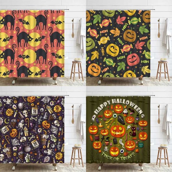 Halloween Black Cat Shower Curtain featuring a spooky orange pumpkin and eerie full moon in a fun cartoon design