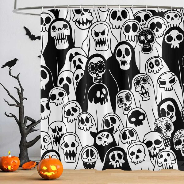 Halloween skeleton shower curtain featuring a ghostly design for spooky bathroom decor during the holiday season