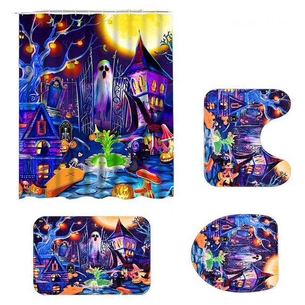 Halloween-themed anti-slip bathroom mats and shower curtain with hooks for a spooky decor