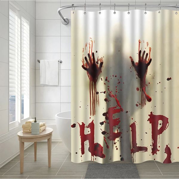 Halloween-themed shower curtains featuring spooky bloody handprints for bathroom decor
