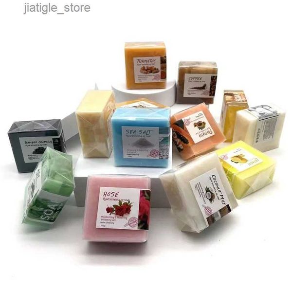 Handmade exfoliating bath soap with essential oils like rose and lavender, featuring transparent varieties with honey, turmeric, aloe, coffee, or goat's milk