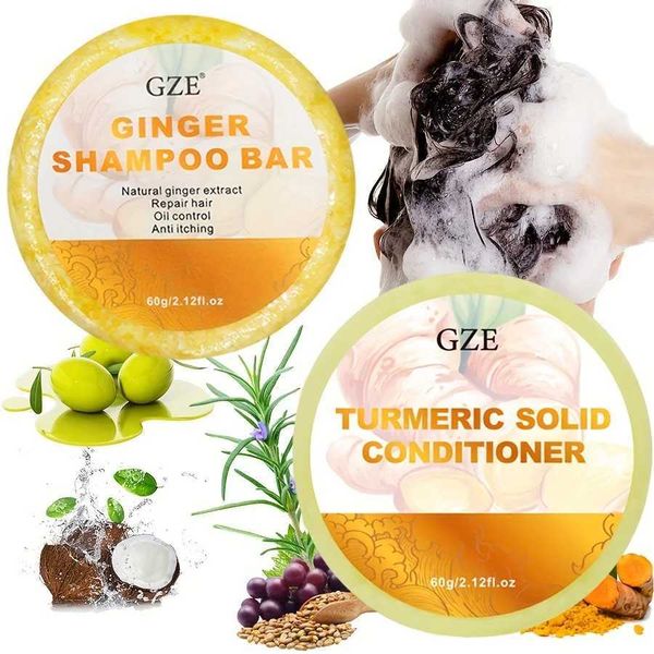 Handmade Soap GZE Ginger Shampoo Bar and Turmeric Solid Conditioner Set for Thinning Hair, Moisture Retention, Shine, and Frizz Control G24