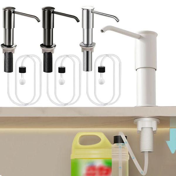 Hand-operated plastic liquid soap dispenser with extension tube for kitchen countertop or sink