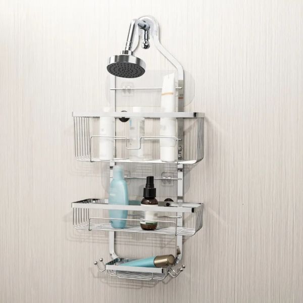 Hanging bathroom shelf caddy for storage with shower towel organizer and no-drill hooks