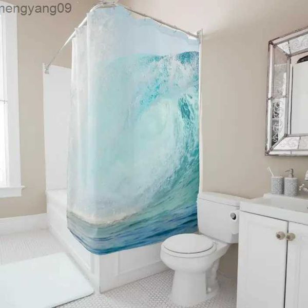 Hawaii-inspired blue surf wave shower curtain with hooks, 220cm long for bathrooms