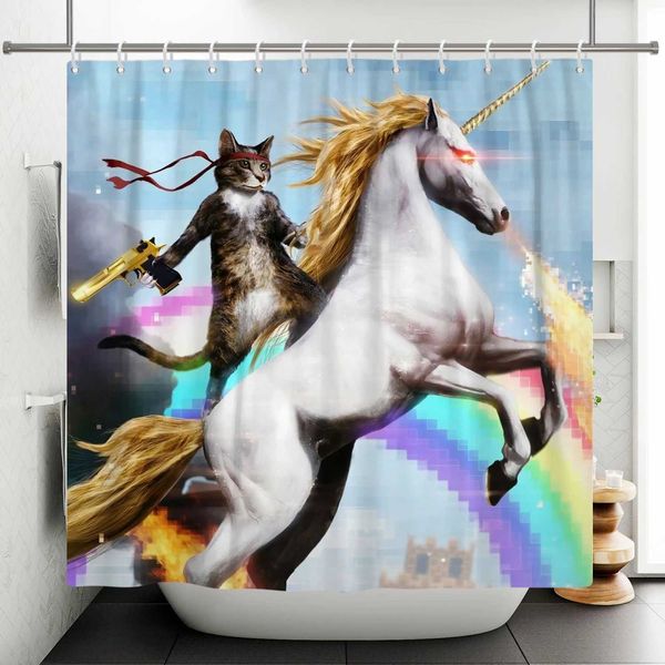 Heroic large white unicorn featuring gun cat design for fun bathroom decor - waterproof 3D printed shower curtain with included hooks W240808
