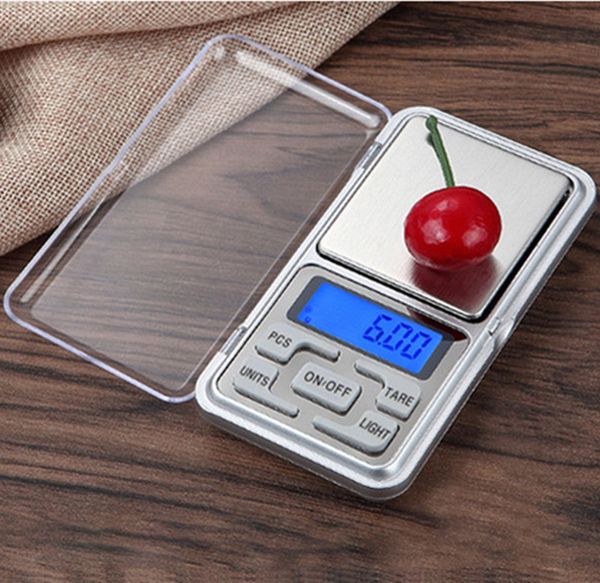 High precision digital scales for jewelry with backlight, available in 100g, 200g, and 500g capacities, measuring to 0.01g/0.1g accuracy