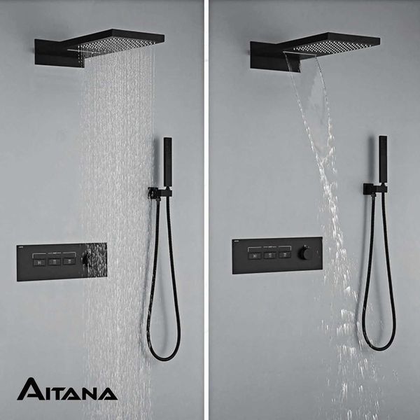 High-end minimalist black brass shower set with wall-mounted key switch and three-function waterfall spray