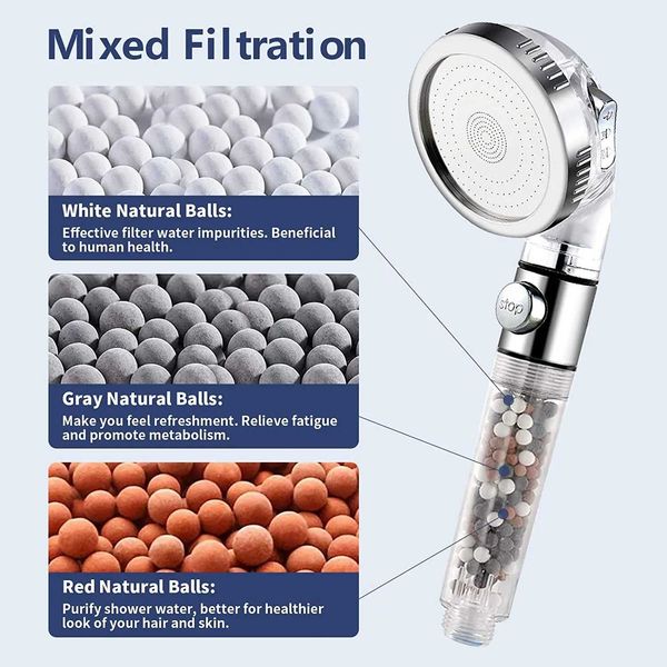 High-pressure handheld shower with 3 modes, mineral filter, and water-saving switch for bathroom use