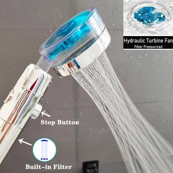 High-pressure rotating shower nozzle with fan filter, massage spray, and rainfall feature for luxurious bath accessories