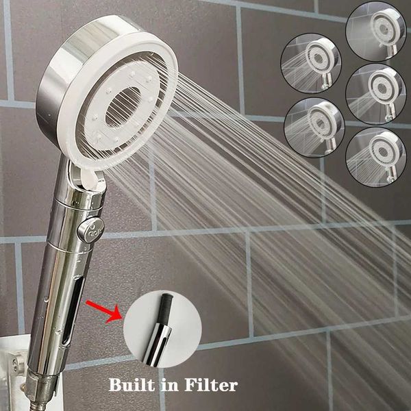High-pressure shower with 5-mode filter and large spray nozzle for massage and rainfall bathing