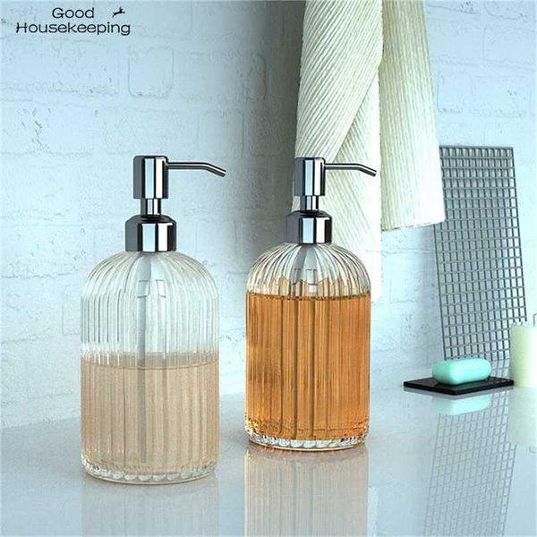 High-quality 18oz clear glass manual soap dispenser for hand sanitizer, ideal for bathroom use as an empty press bottle