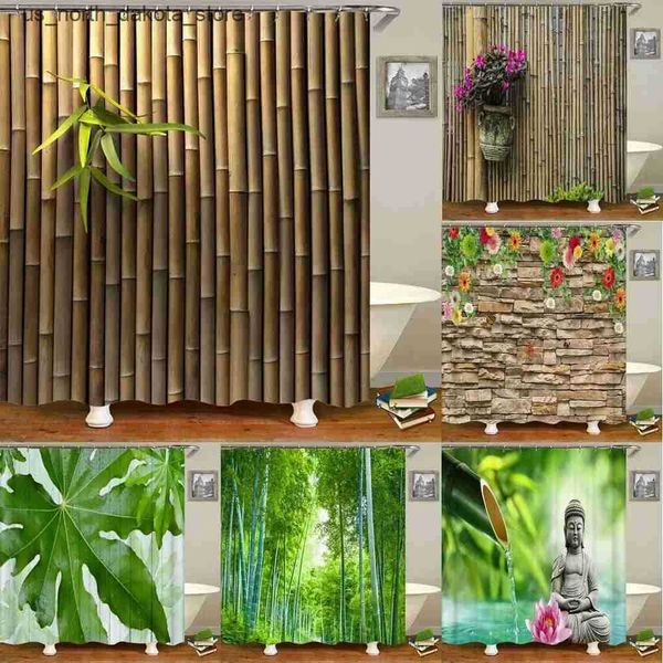 High-quality green bamboo fabric shower curtain, waterproof with plant leaf design, includes 12 hooks for bathroom decor (J2412)