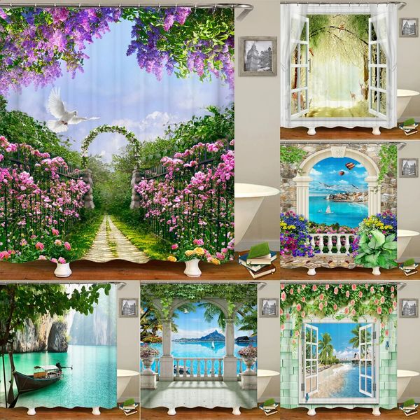 High-quality waterproof shower curtains featuring natural scenery prints, complete with hooks