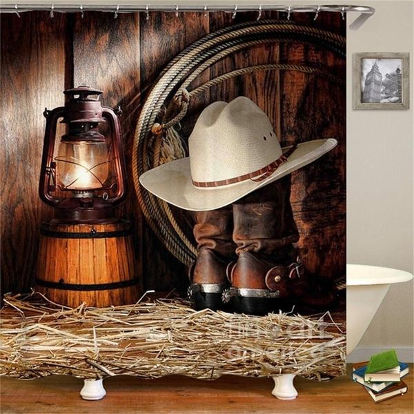 High-quality waterproof vintage western shower curtain featuring a cowboy riding a horse toward sunset, includes hooks for bathroom use