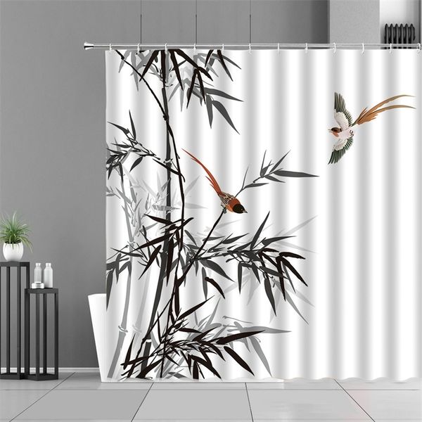 Ink-painted bamboo leaves and bird shower curtain featuring mountain and water plant landscape, waterproof for bathroom, Chinese-style home decor