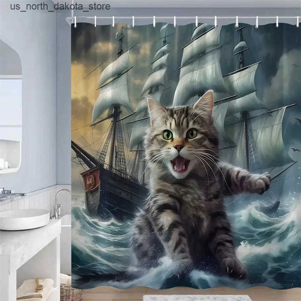 Interesting cat-themed shower curtains featuring cute animals and ocean wave landscapes, made of polyester fabric for bathroom decor