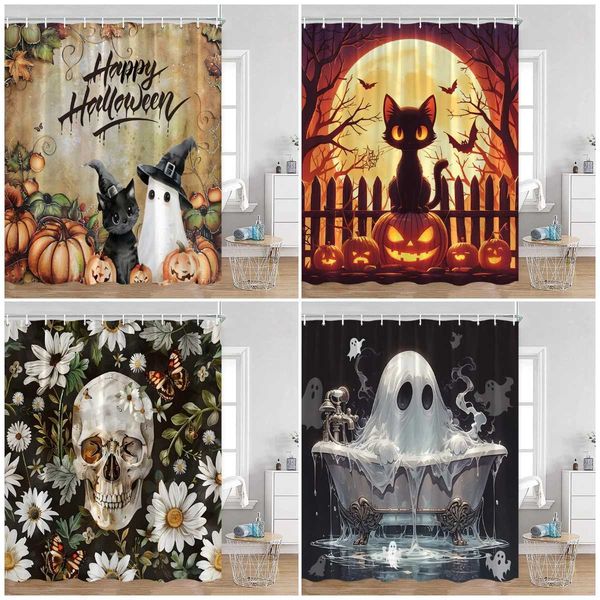 Interesting Halloween shower curtains featuring white floral skulls, black cats, cute elves, ghost pumpkins, and bathroom curtain hooks for decoration W2408