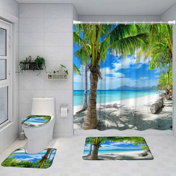 Island Beach Shower Curtain Set featuring tropical coconut trees, green plants, and ocean nature landscape for bathroom decor, including bath mats and toilet cover Y240815