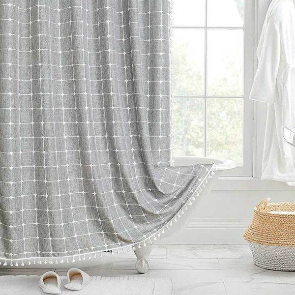 Jacquard linen shower curtain featuring tassels, Nordic design, waterproof, thick fabric for bathrooms, includes hooks Y240815