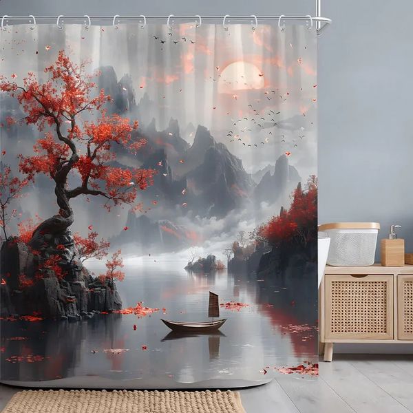 Japanese cherry blossom shower curtain with Chinese ink landscape design for bathroom decor