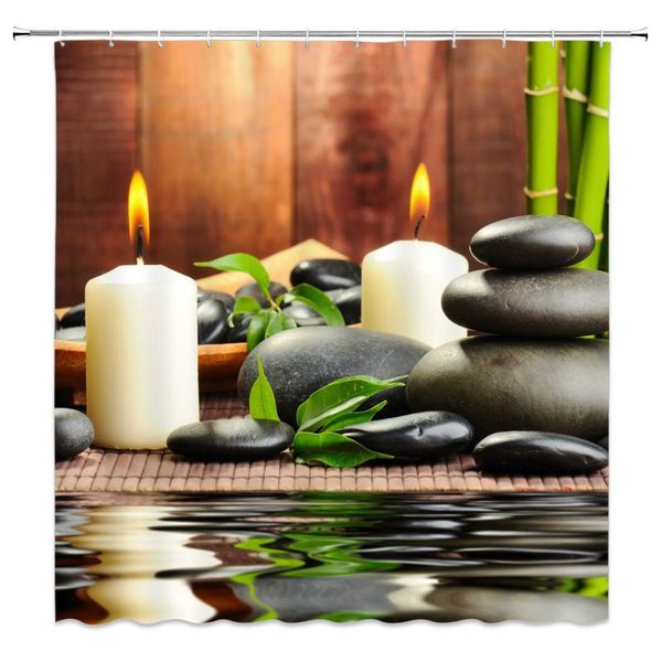 Japanese Zen-inspired green bamboo and volcanic stone shower curtain for spa-like bathroom decor, made of polyester fabric