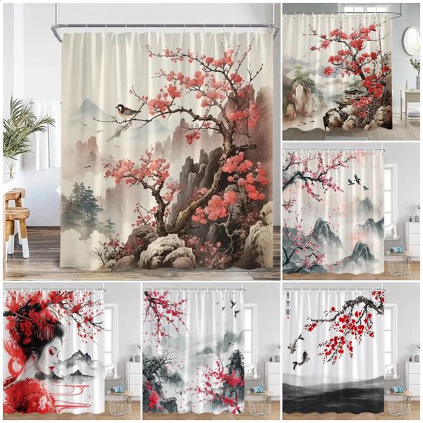Japanese-inspired floral bird shower curtain featuring a beautiful girl with red flowers and abstract mountain ink landscape art, perfect for bathroom decor